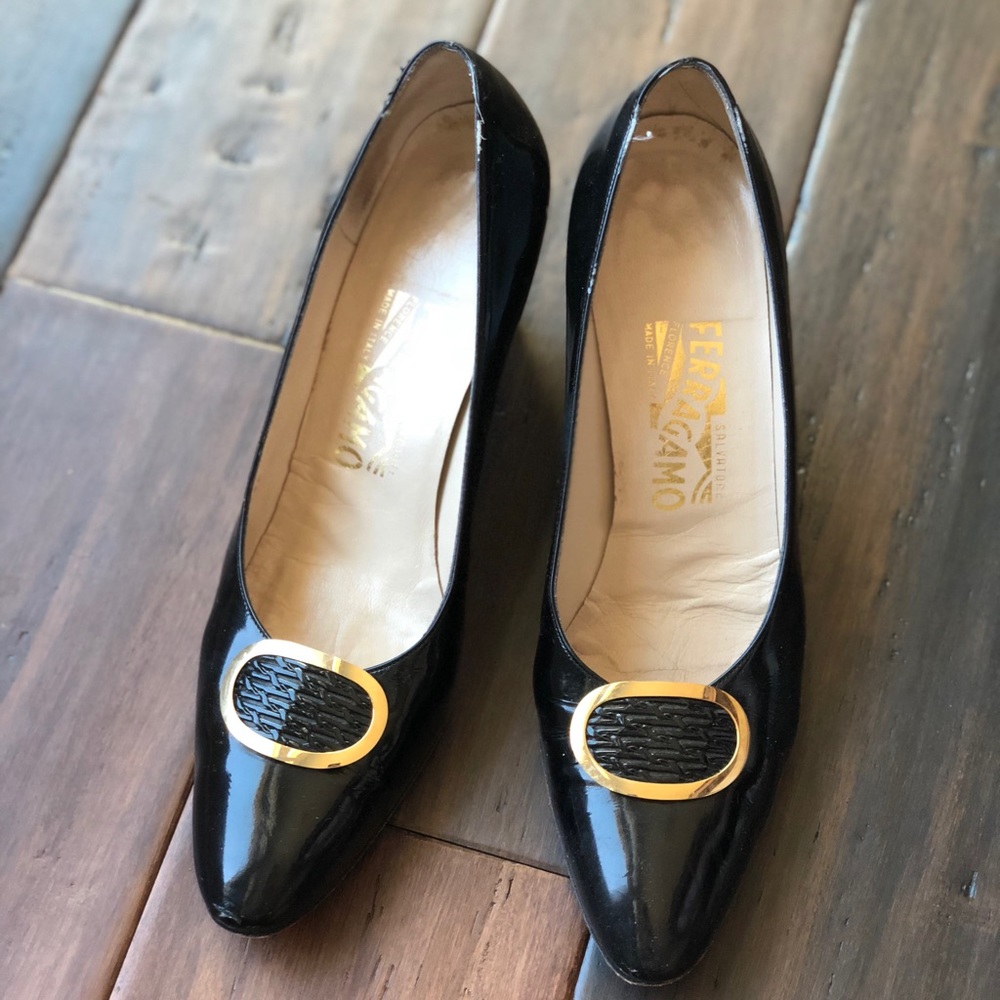 Ferragamo Black Heel with Gold Buckle